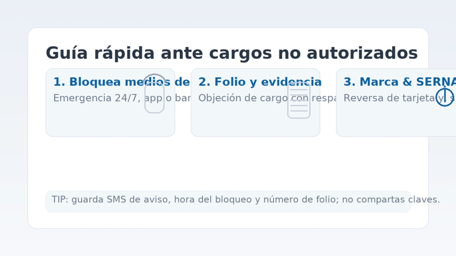 Guía rápida ante cargos no autorizados: bloqueo del medio de pago, folio y evidencia, reversa y SERNAC