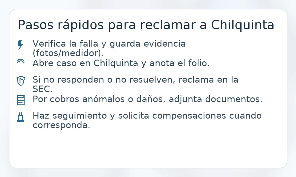 Pasos rápidos para reclamar a Chilquinta: verificar falla, abrir caso con folio, escalar en SEC, adjuntar documentos, pedir compensaciones.