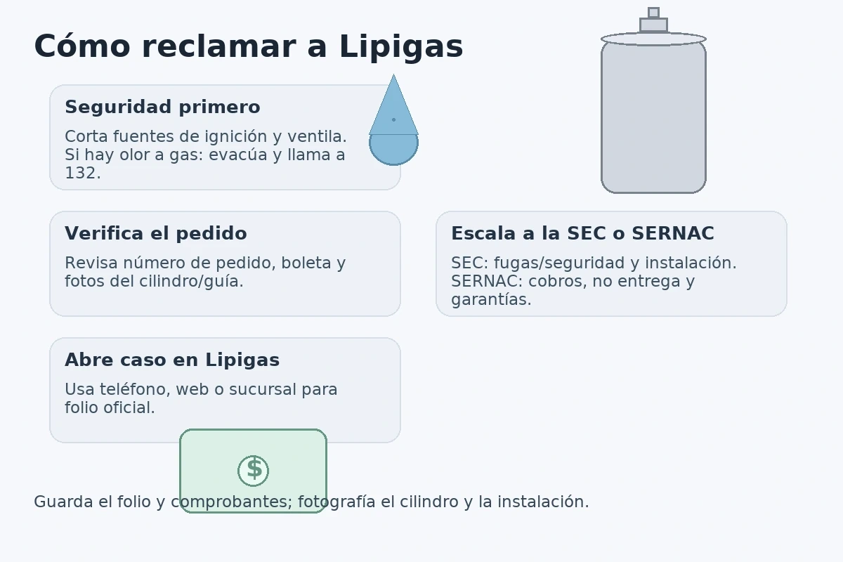 Pasos para reclamar a Lipigas: seguridad, verificación, folio y escalamiento a SEC/SERNAC