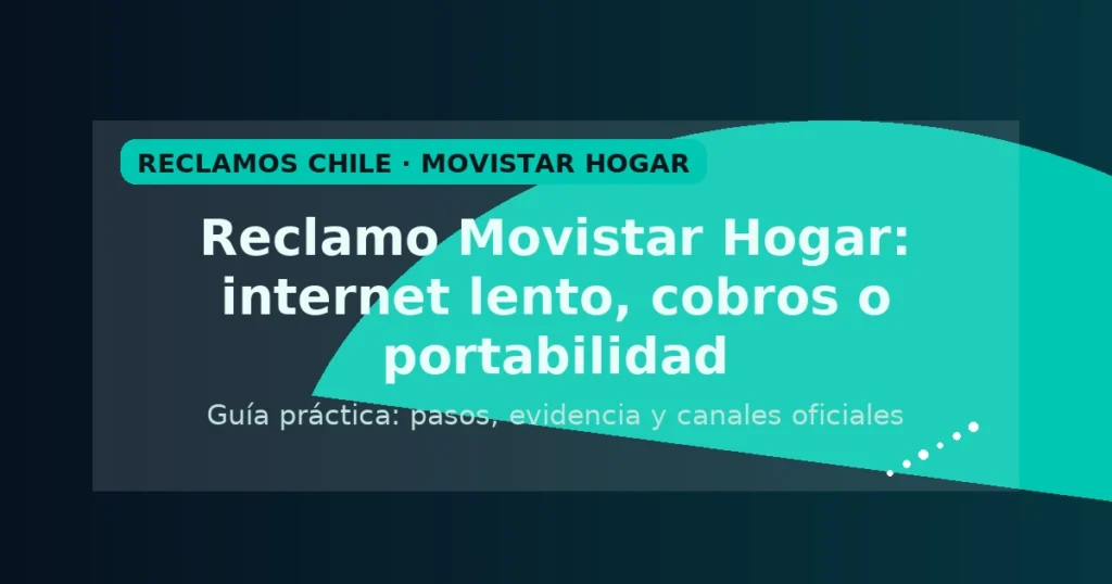 Gráfico OG para Reclamo Movistar Hogar: título grande con fondo teal y guía de pasos, evidencia y canales oficiales.