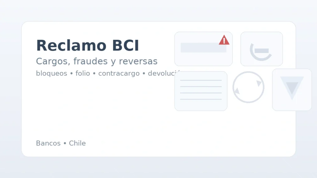 Reclamo BCI por cargos y fraudes: tarjeta con alerta, teléfono de emergencia, recibo, flechas de reversa y escudo.