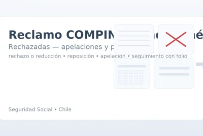 Reclamo COMPIN por licencia médica rechazada: formulario, sello de rechazo, calendario y autoridad.
