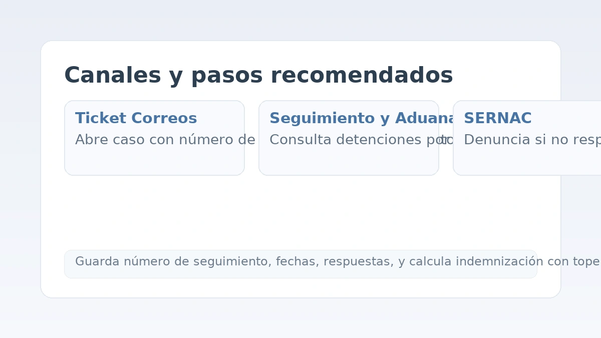 Pasos para reclamar a Correos de Chile: ticket con boleta y fotos, seguimiento/aduanas y escalamiento a SERNAC.