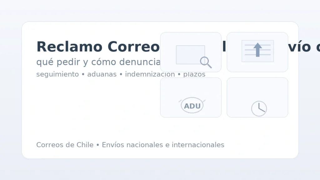 Reclamo Correos de Chile por extravío o demora: paquete con lupa, formulario de reclamo, sello de aduanas y reloj de espera.