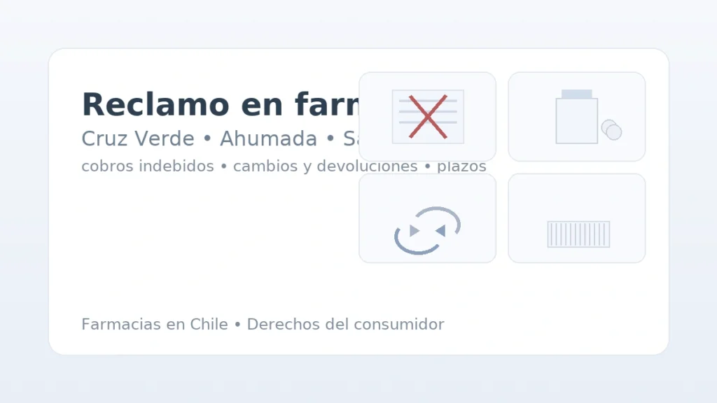 Reclamo en farmacias: boleta con cobro indebido, frasco y flechas de cambio/devolución.