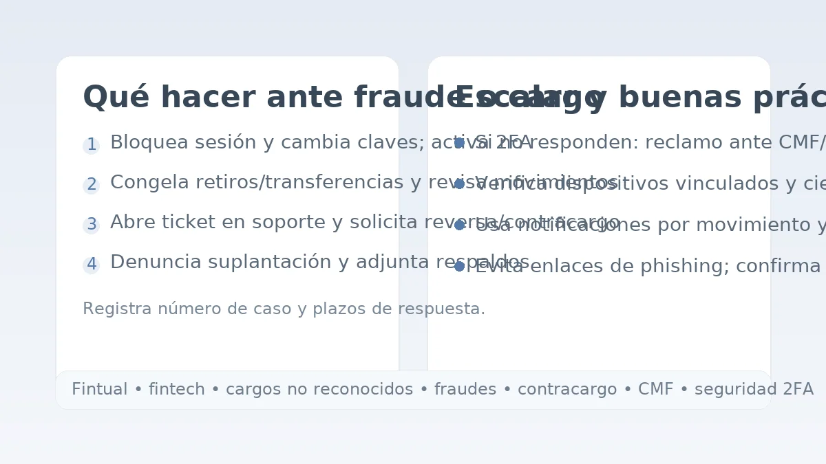 Pasos ante fraude en fintech: bloqueo, reversa/contracargo, escalamiento a CMF y buenas prácticas 2FA.
