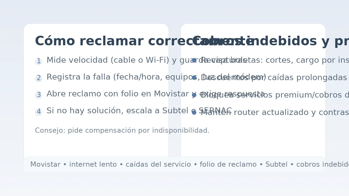 Pasos para reclamar a Movistar: pruebas de velocidad, folio de reclamo, escalamiento a Subtel y revisión de cobros.