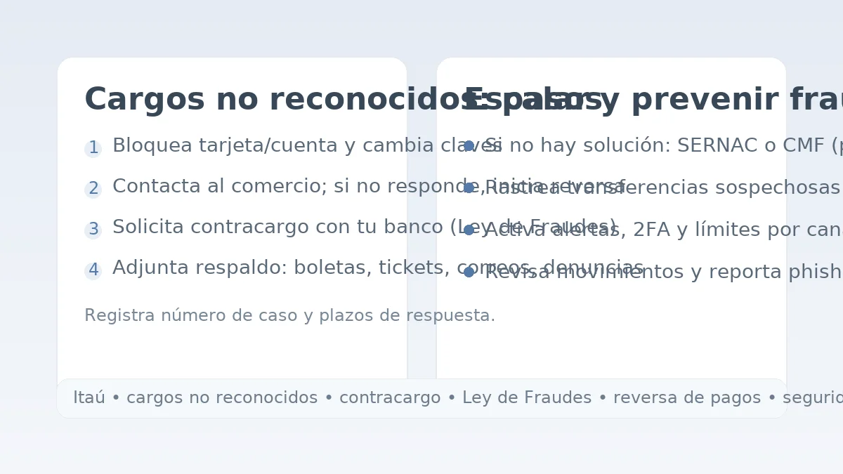 Pasos ante cargos no reconocidos en Itaú: bloqueo, reversa/contracargo, respaldo y escalamiento.