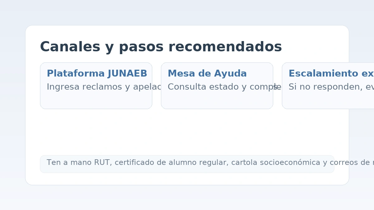 Pasos para reclamar a JUNAEB: plataforma en línea, mesa de ayuda y opciones de escalamiento.