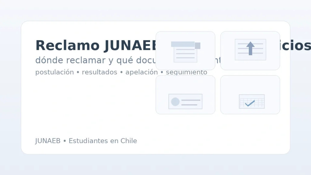 Reclamo JUNAEB: carpeta con documentos, formulario para subir archivos, credencial y calendario de plazos.