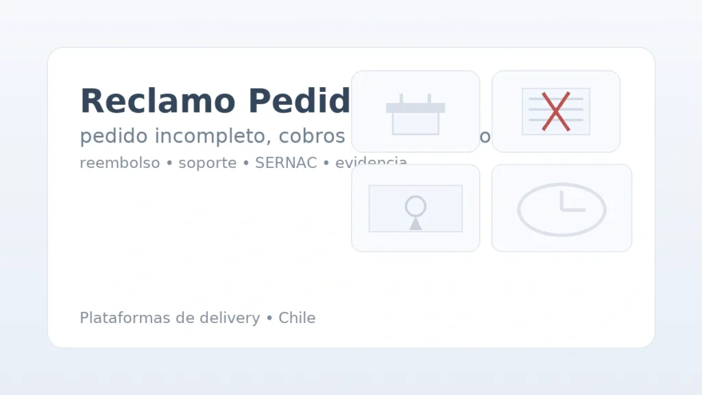 Reclamo PedidosYa: bolsa de delivery, boleta con X, mapa con pin y reloj para seguimiento.