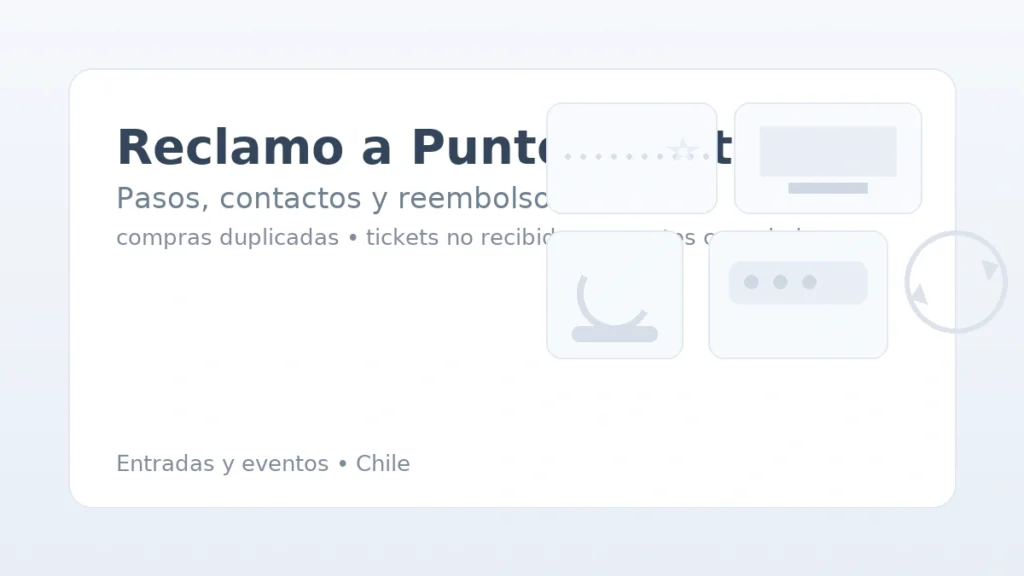 Reclamo a PuntoTicket: ticket, web, teléfono y reembolso con flechas.