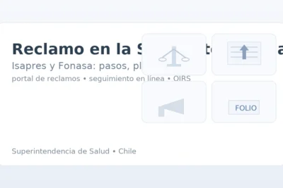 Reclamo en la Superintendencia de Salud: balanza, formulario y megáfono, con ticket de folio