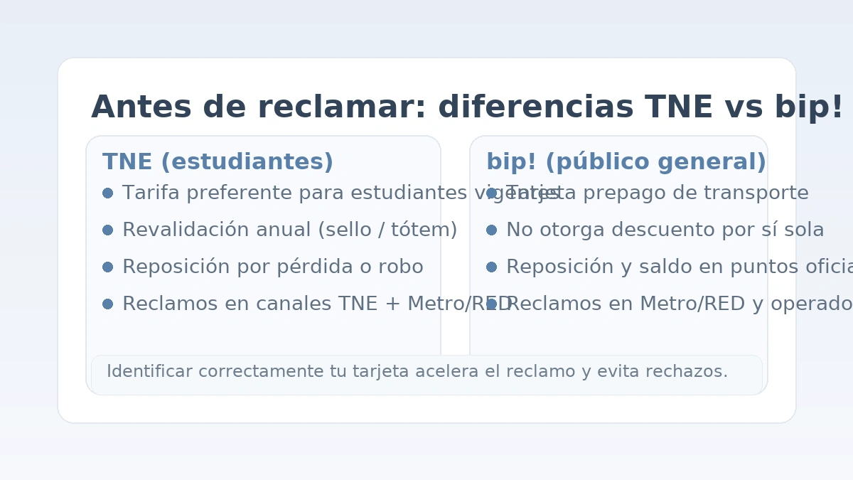 Diferencias entre TNE (estudiantes) y bip! público general: revalidación, reposición y reclamos.