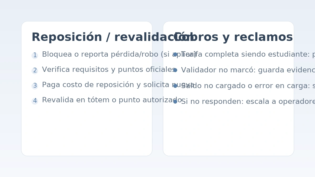Pasos para reponer o revalidar TNE/bip! y cómo reclamar por cobros o errores de validación.