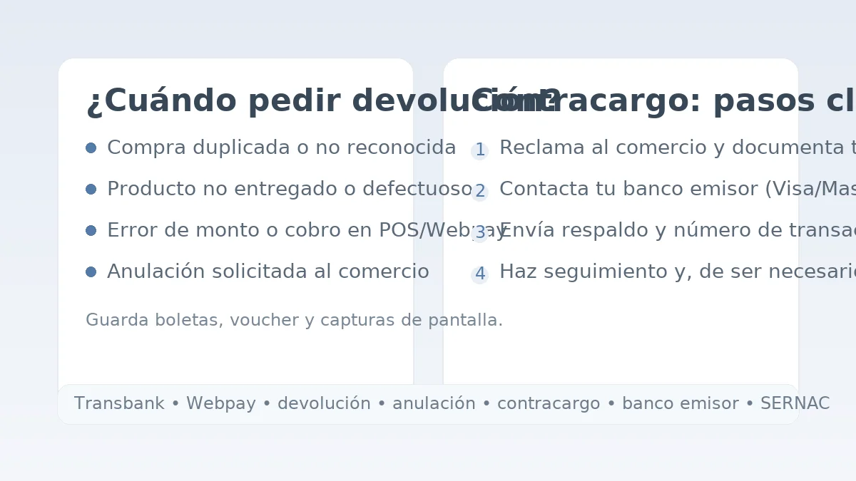 Cuándo pedir devolución y cómo iniciar un contracargo: pasos con comercio, banco emisor y seguimiento.