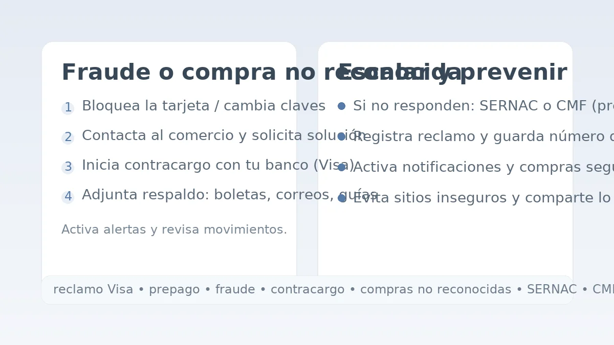 Pasos para compras no reconocidas: bloqueo, contacto con comercio, contracargo Visa y escalamiento a SERNAC/CMF.