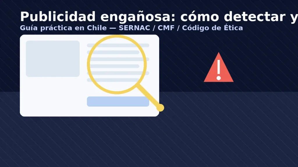 Publicidad engañosa: lupa sobre anuncio web con advertencia — guía para denunciar en Chile