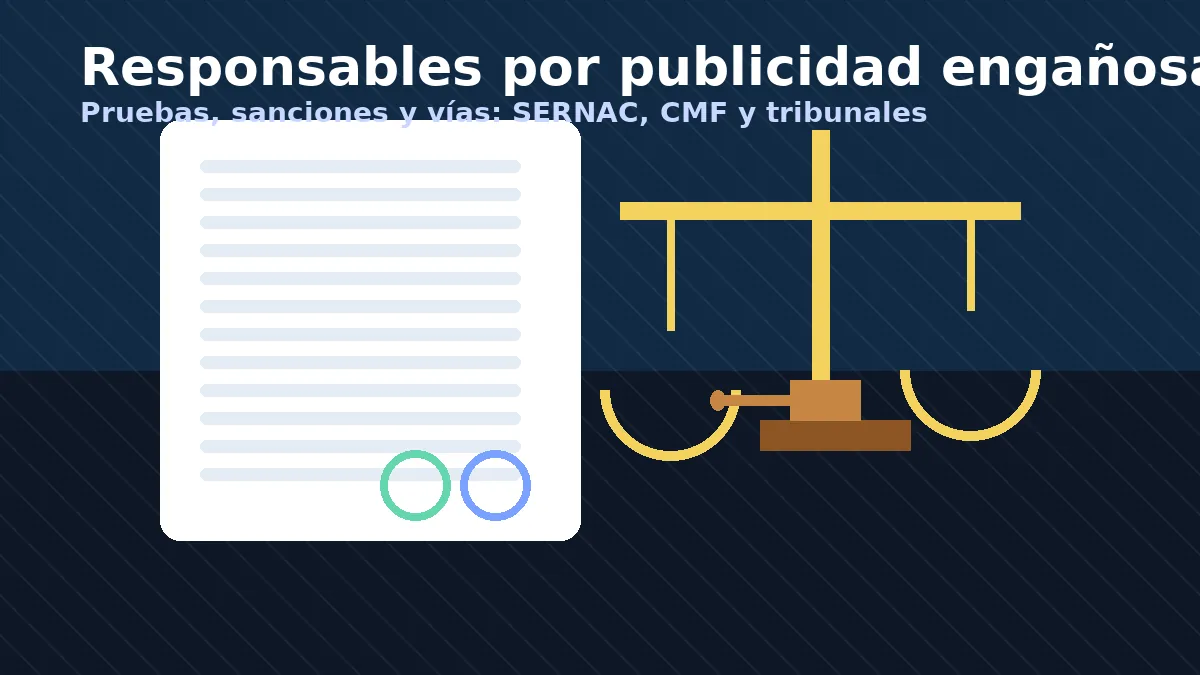 Responsabilidad por publicidad engañosa: documento, balanza y mazo — vías SERNAC, CMF y tribunales en Chile