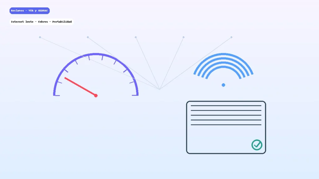 Ilustración de reclamo VTR y SERNAC: velocímetro con velocidad lenta, señal Wi-Fi y documento de reclamo