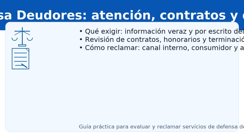 Defensa Deudores: atención, contratos y quejas — qué exigir, revisión de honorarios y cómo reclamar por el servicio