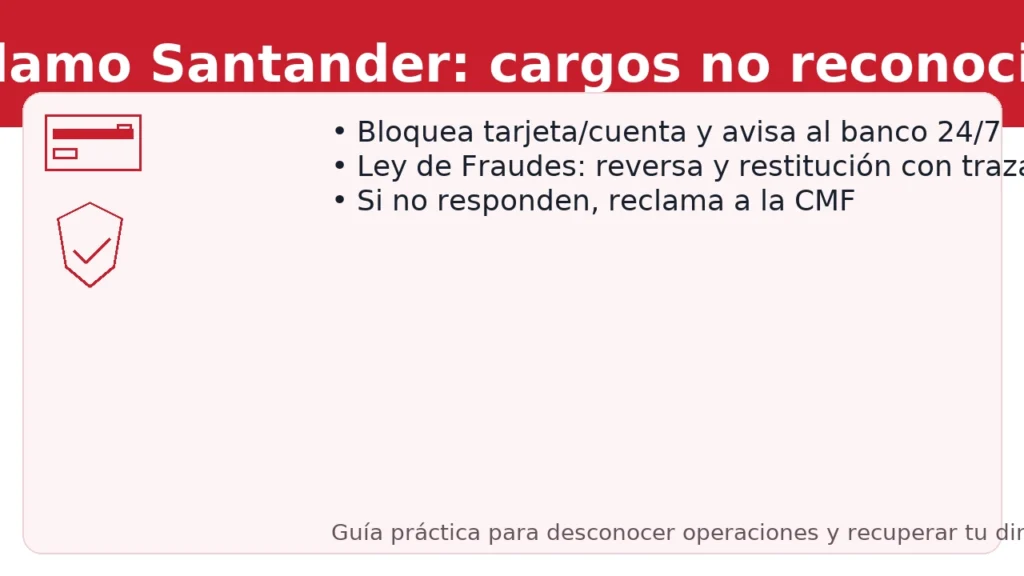 Reclamo Santander por cargos no reconocidos — bloqueo inmediato, Ley de Fraudes (reversa y restitución) y reclamo ante la CMF