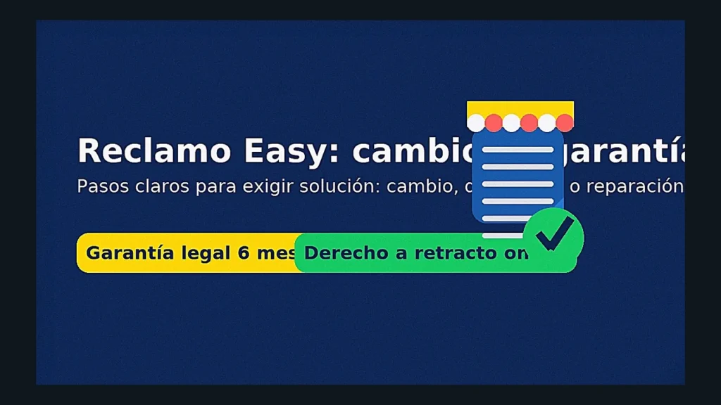 Reclamo Easy en Chile: cambios, devoluciones y garantía legal — guía con pasos claros; badges ‘Garantía legal 6 meses’ y ‘Derecho a retracto online