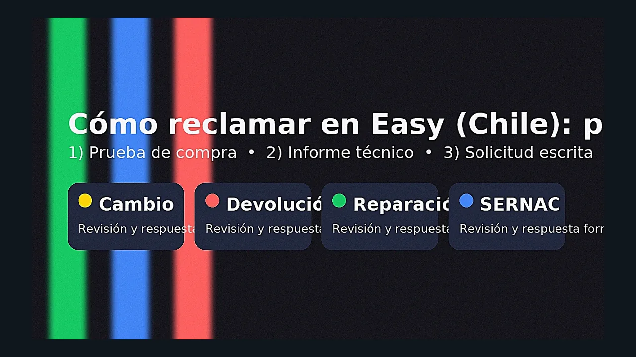 “Cómo reclamar en Easy (Chile): pasos y documentos — tarjetas Cambio, Devolución, Reparación y SERNAC sobre fondo de alto contraste