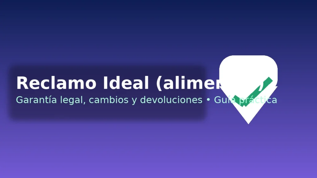 Reclamo Ideal (alimentos): garantía legal, cambios y devoluciones en Chile — fondo azul-morado con escudo y check.