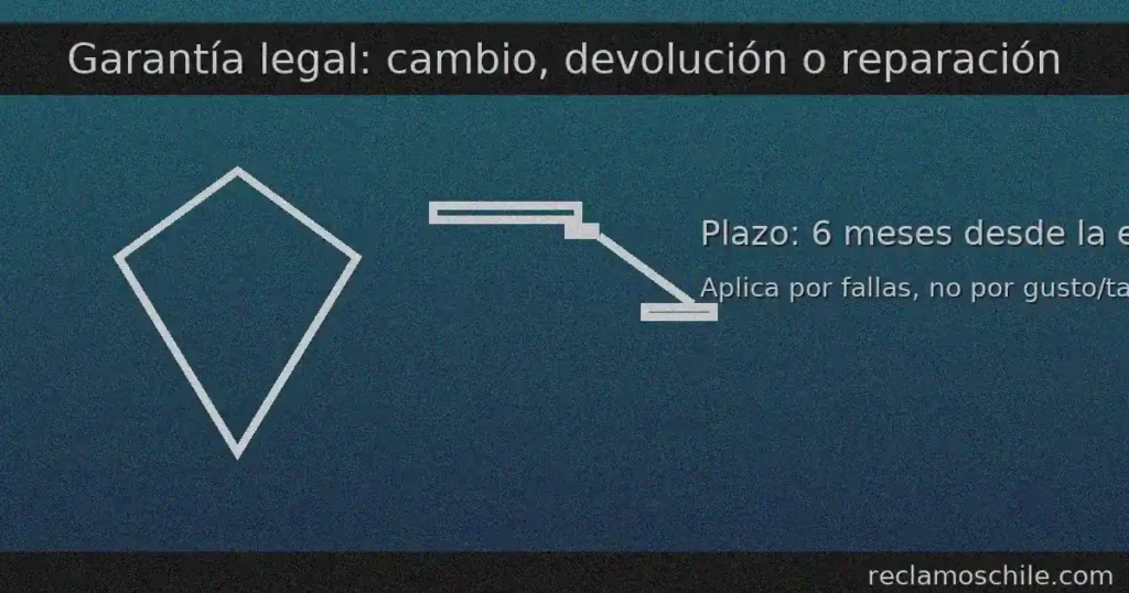 Garantía legal en Chile: 6 meses desde la entrega para elegir cambio, reparación o devolución del dinero por fallas del producto; no aplica por gusto o talla.
