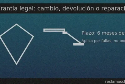 Garantía legal en Chile: 6 meses desde la entrega para elegir cambio, reparación o devolución del dinero por fallas del producto; no aplica por gusto o talla.
